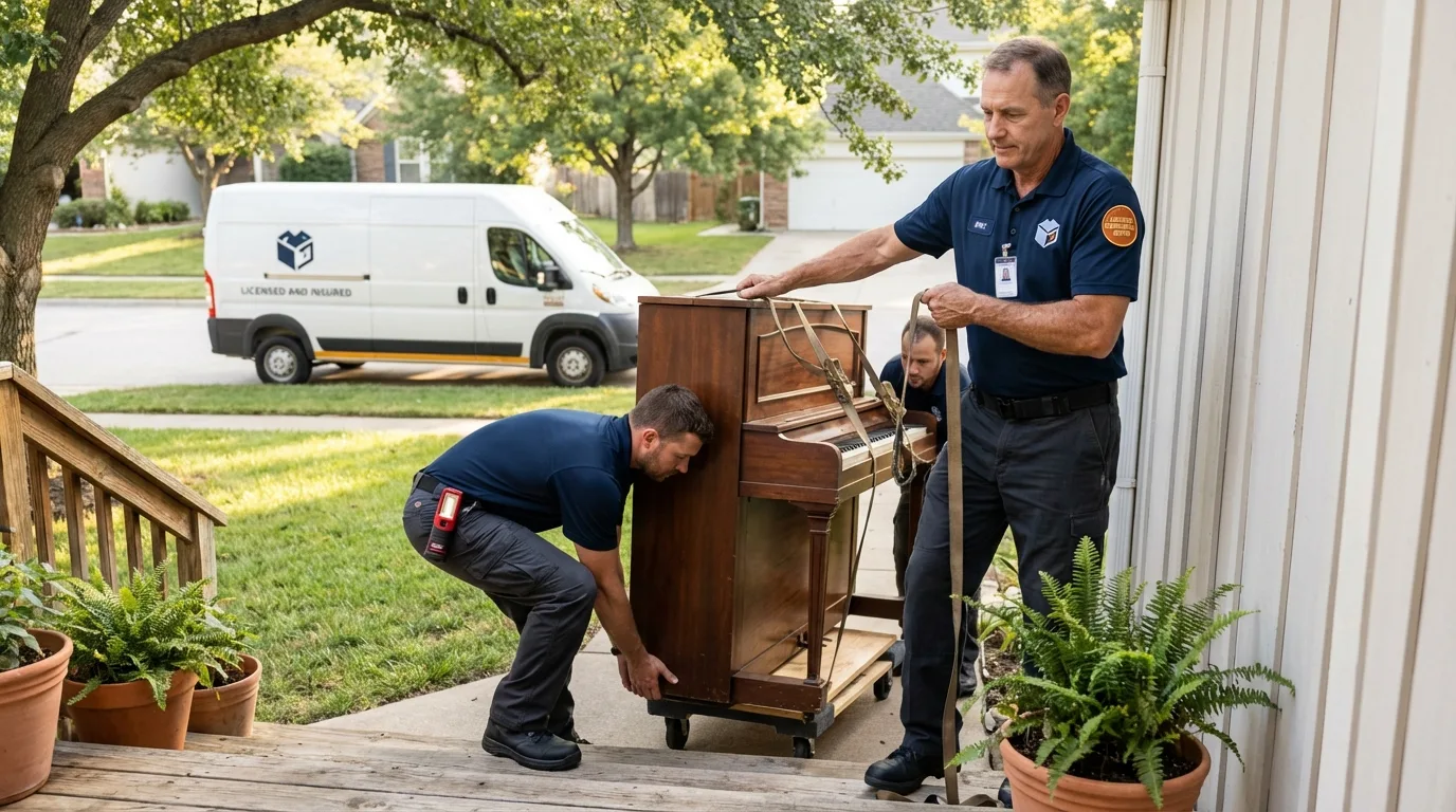 Licensed piano movers securing grand piano in Flagler Beach, FL