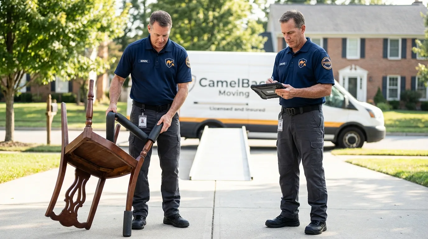 Movers inspecting furniture for damage prevention before loading in Flagler Beach, FL