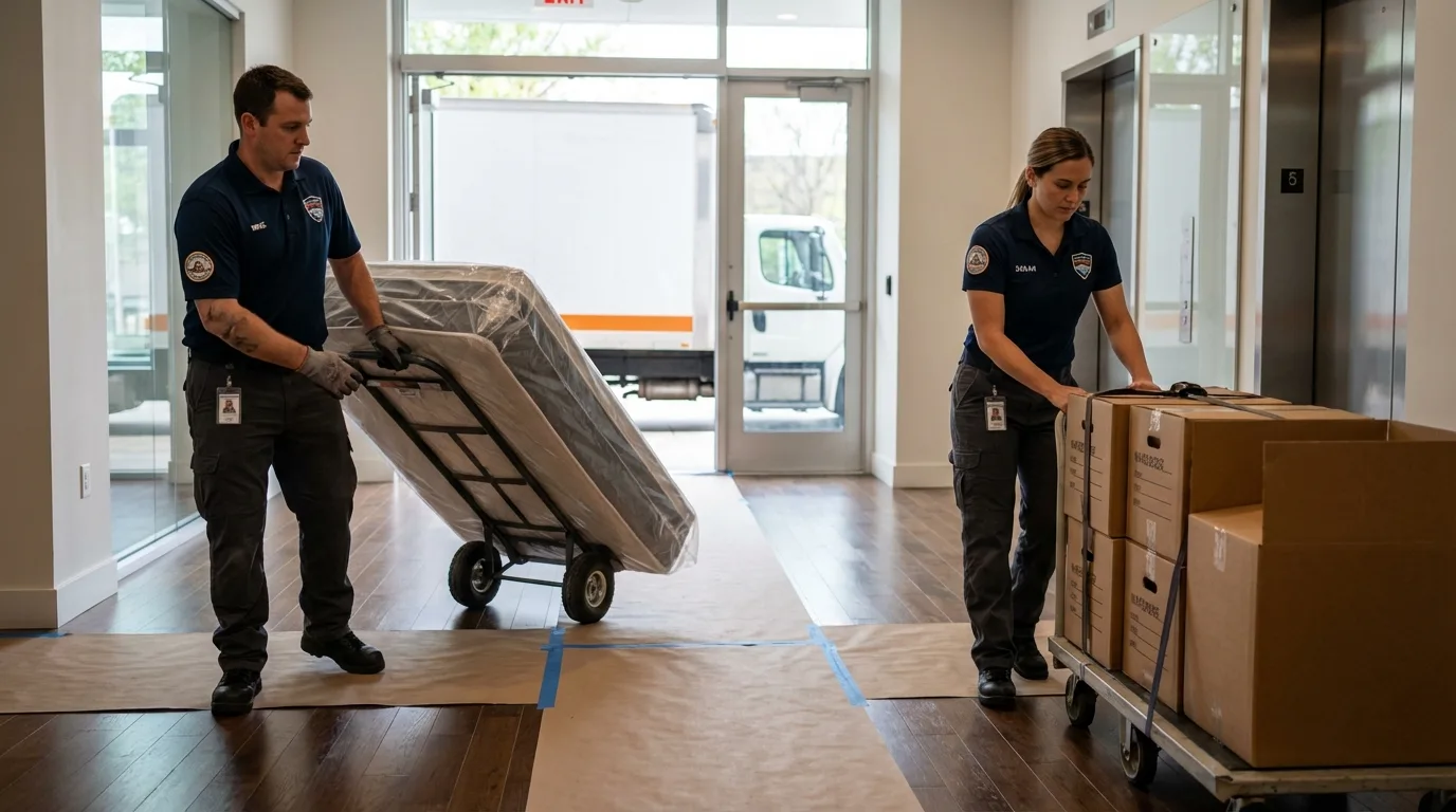 Professional apartment movers loading elevator in Flagler Beach, FL